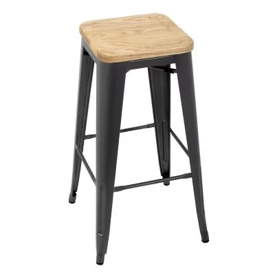 BOLERO - Tabourets bistro haut en acier gris métal avec assise en bois (lot de 4)